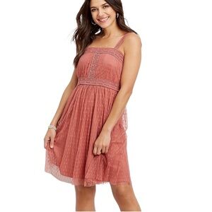 Dusty Rose Mesh Crocheted Trim Tulle Dress